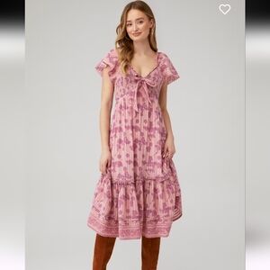 Cleobella Ashlyn Midi Dress Small Medium Pink Mauve Spring Flutter Sleeve Smock